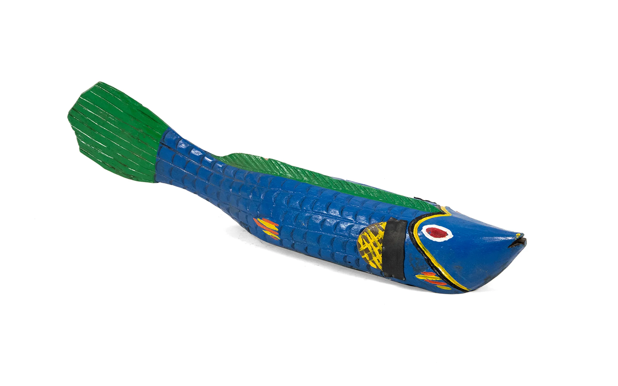 Wooden Bozo fish - blue with green & yellow fins