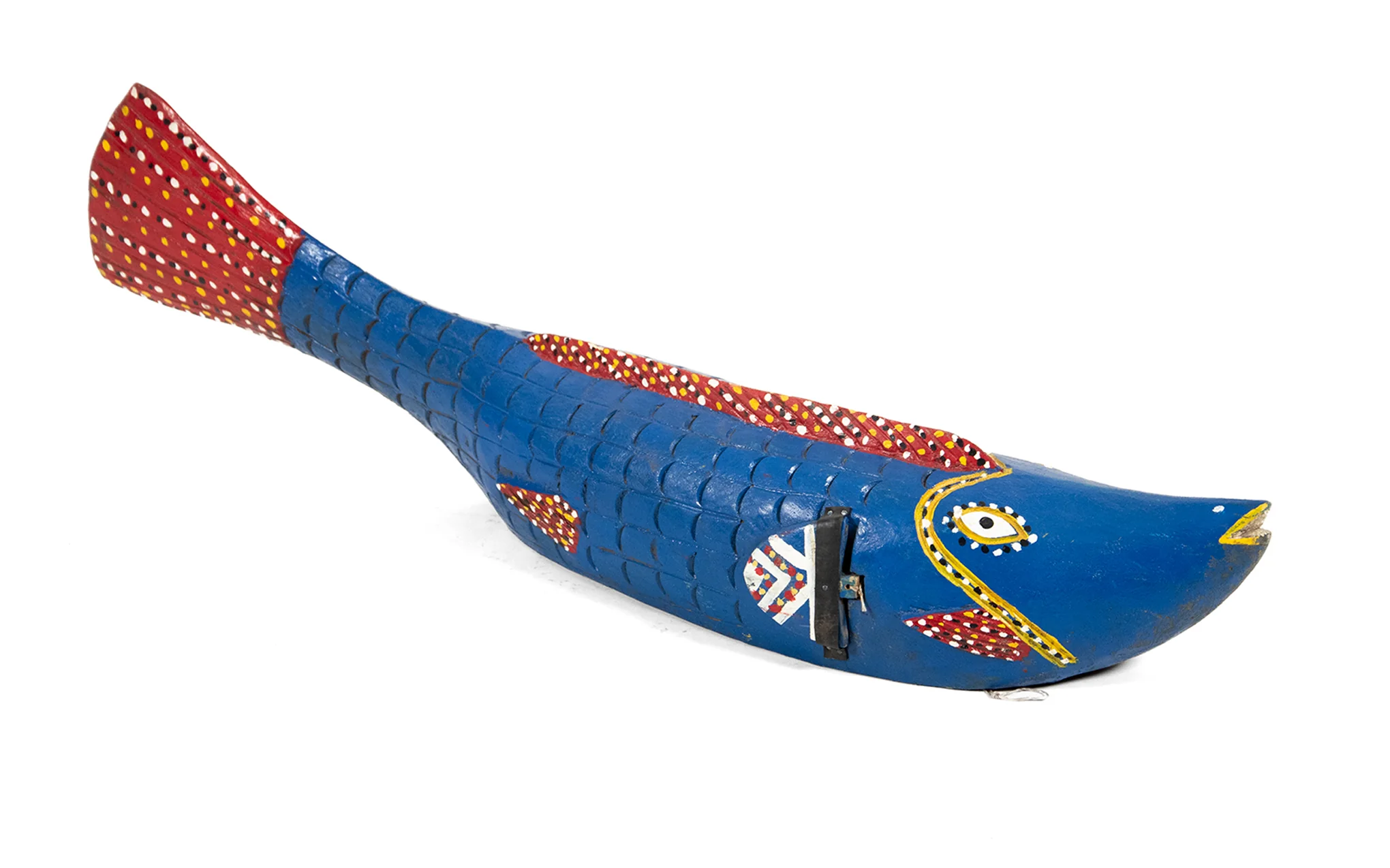 Wooden Bozo fish - blue with red fin